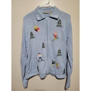Fieldgear Cardigan Sweater Women Medium Blue Embroidered Winter Ski Scene‎